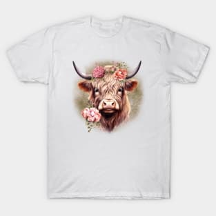 Highland Cow with Pink Flowers T-Shirt